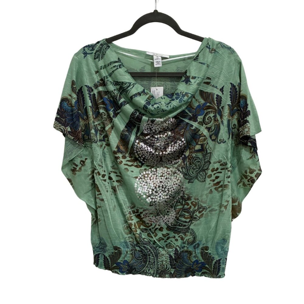 NWT Style & Co Green Paisley Metallic Print Cowl Neck Top